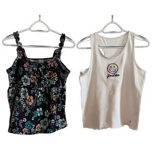 Justice XL Plus Bundle – Floral Ruffle Strap Top & Smiley Face Ribbed Tank